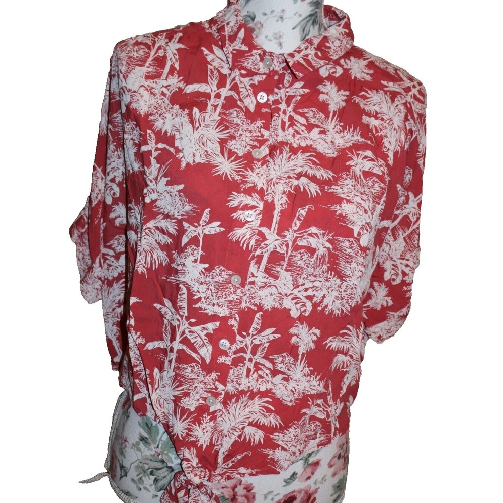 NEW Women's JRS AMERICAN EAGLE CORAL Palm Trees Hawaiian Tropical Shirt Top XL